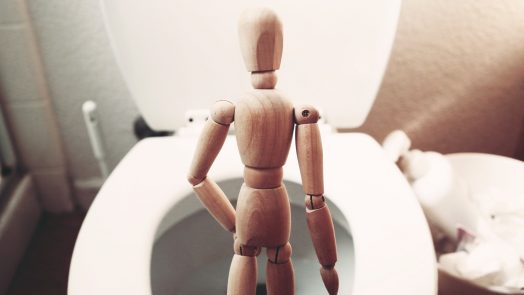 brown wooden mannequin on white ceramic toilet bowl