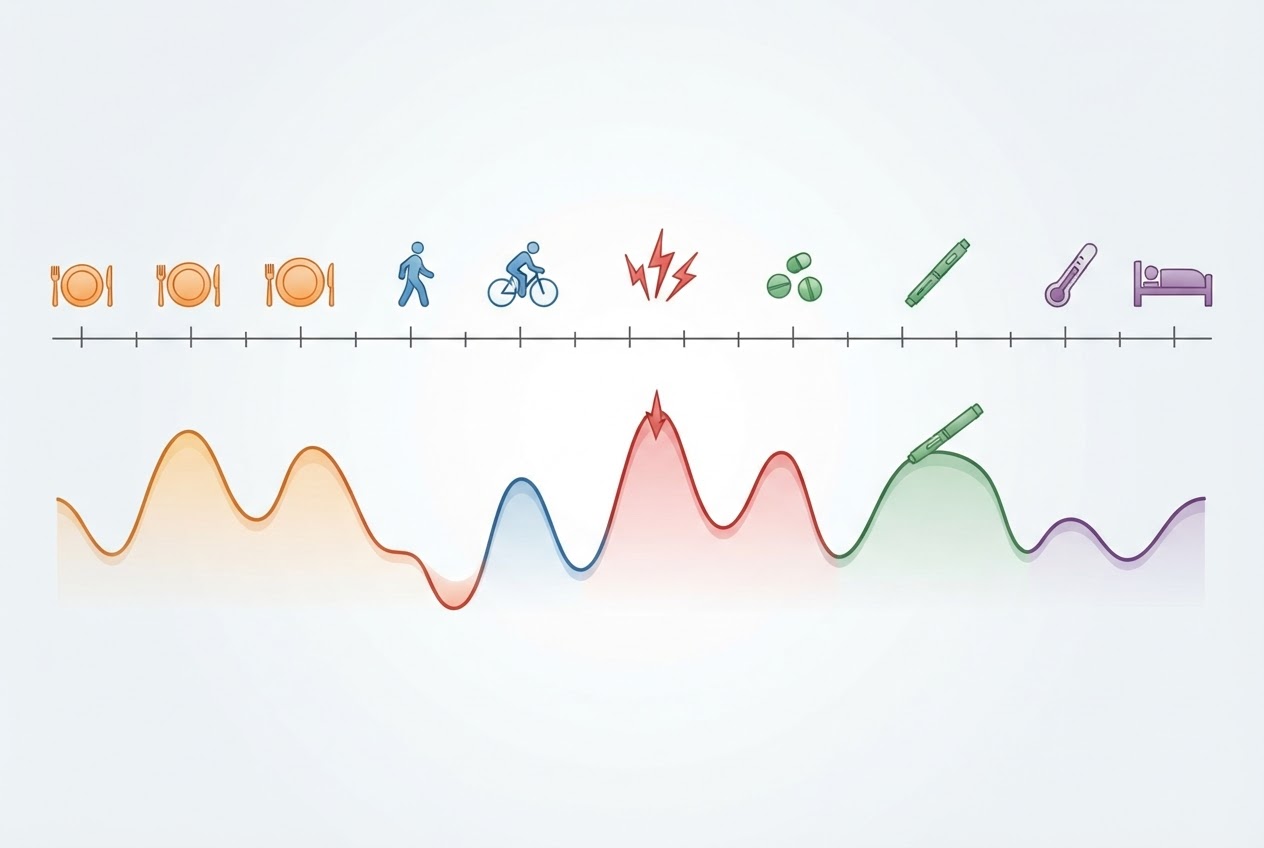 Illustration of a day timeline with icons for meals, exercise, stress, medication, and illness, alongside a fluctuating glucose curve.