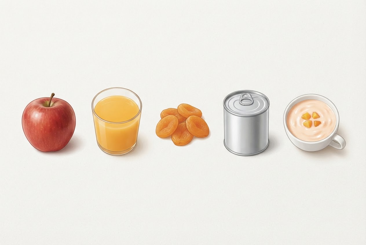 Five fruit forms arranged in a row: a whole apple, a glass of juice, dried apricots, a can, and a fruit yogurt cup.