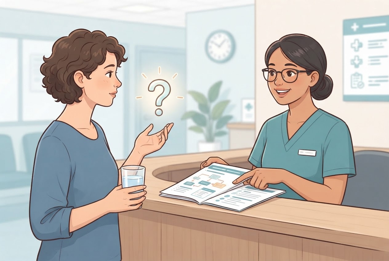 Illustration of a patient asking a medical receptionist about water rules, with a question mark and a glass of water.