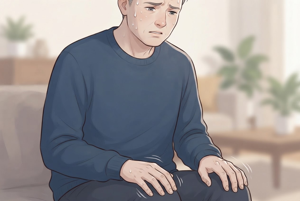 Editorial illustration showing a person experiencing low blood sugar with visible signs: trembling hands, sweating, pale face, and a confused expression.