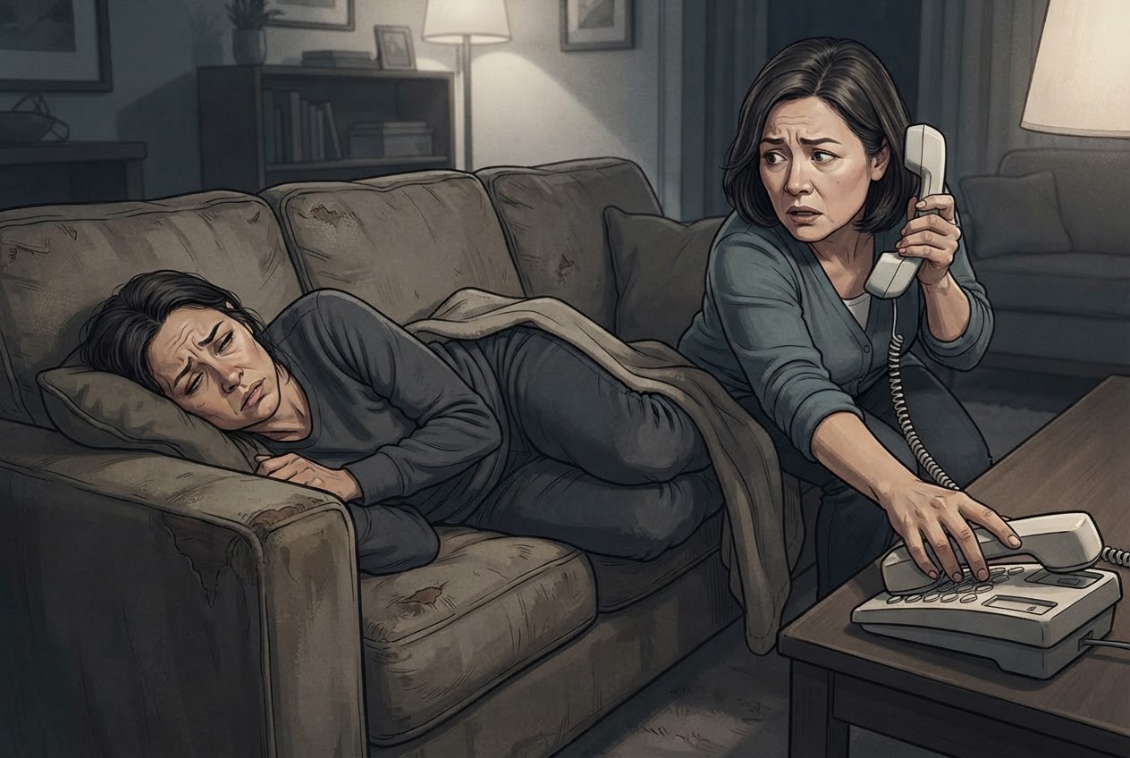Editorial illustration of a person lying on a sofa looking confused and unwell, with a concerned family member nearby reaching for a phone, representing emergency warning signs.