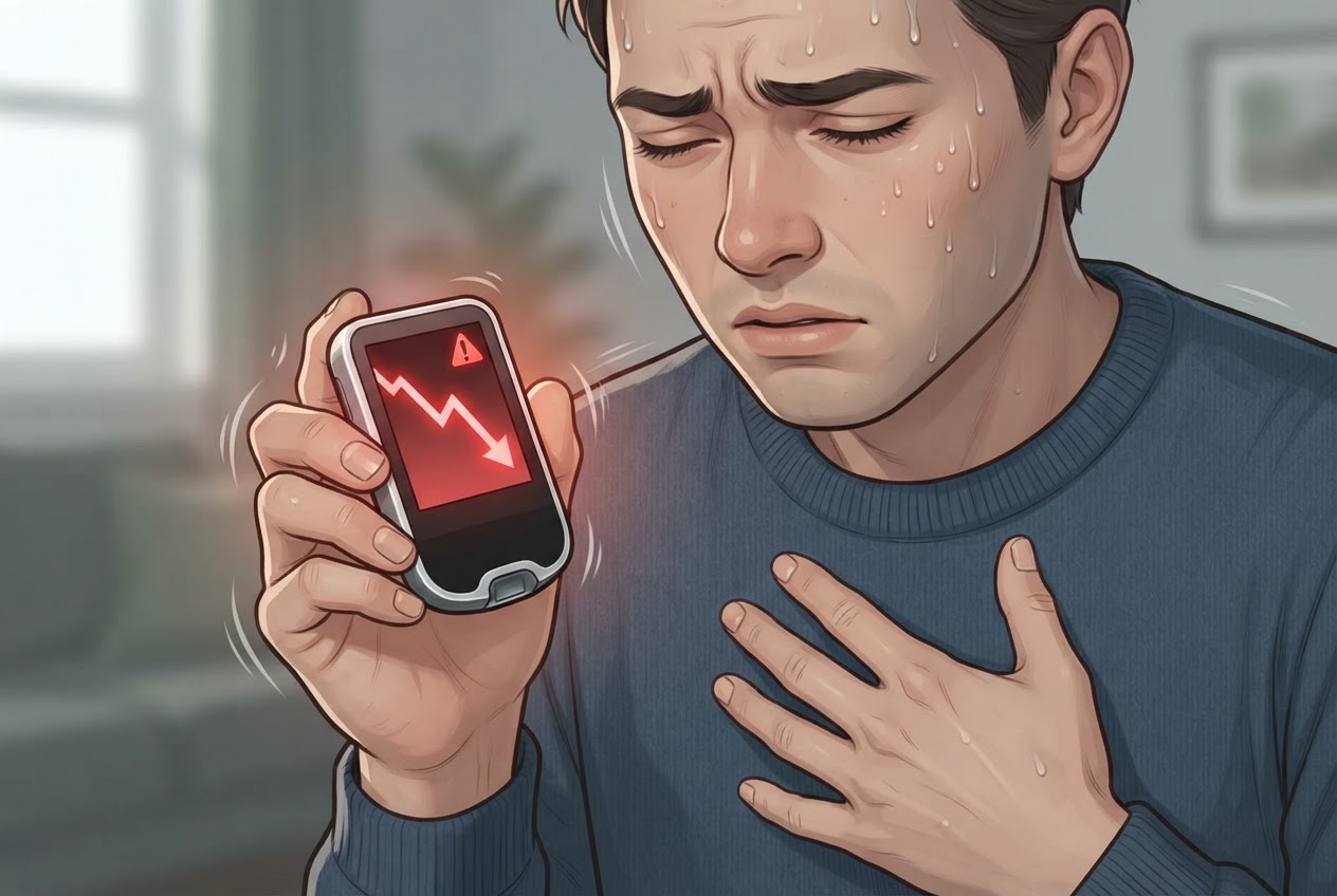 Illustration of a person sweating and trembling while looking at a glucose monitor showing a steep downward arrow, with a red alert symbol.