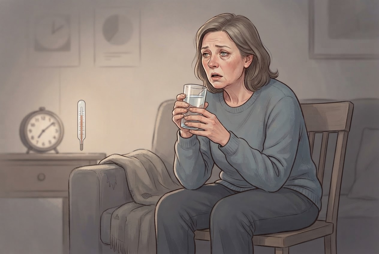 Editorial illustration of a person showing signs of severe hyperglycemia: drinking water, looking tired, with a dry mouth, and subtle cues of nausea and deep breathing.
