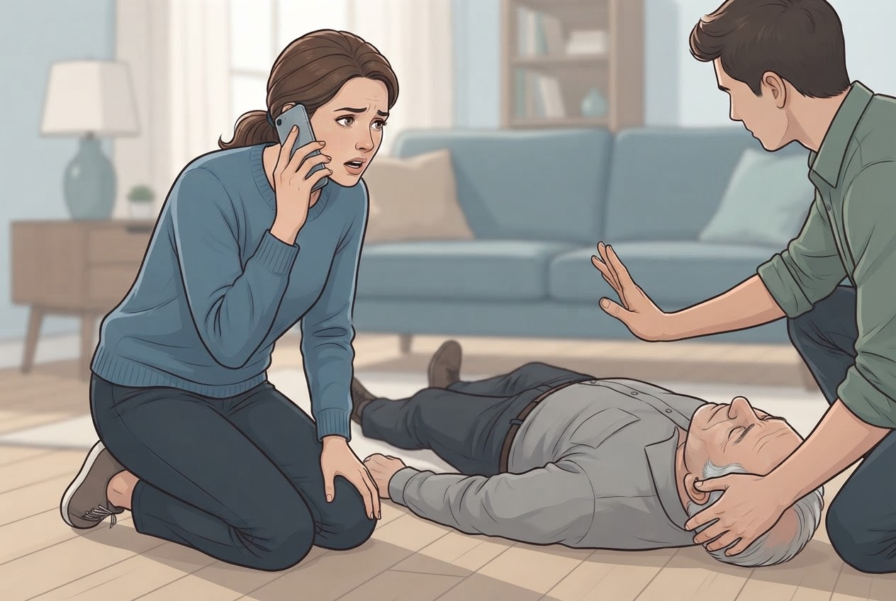 Editorial illustration of a person calling emergency services on a phone while another person lies unconscious nearby, with a hand gesture indicating not to give anything by mouth.
