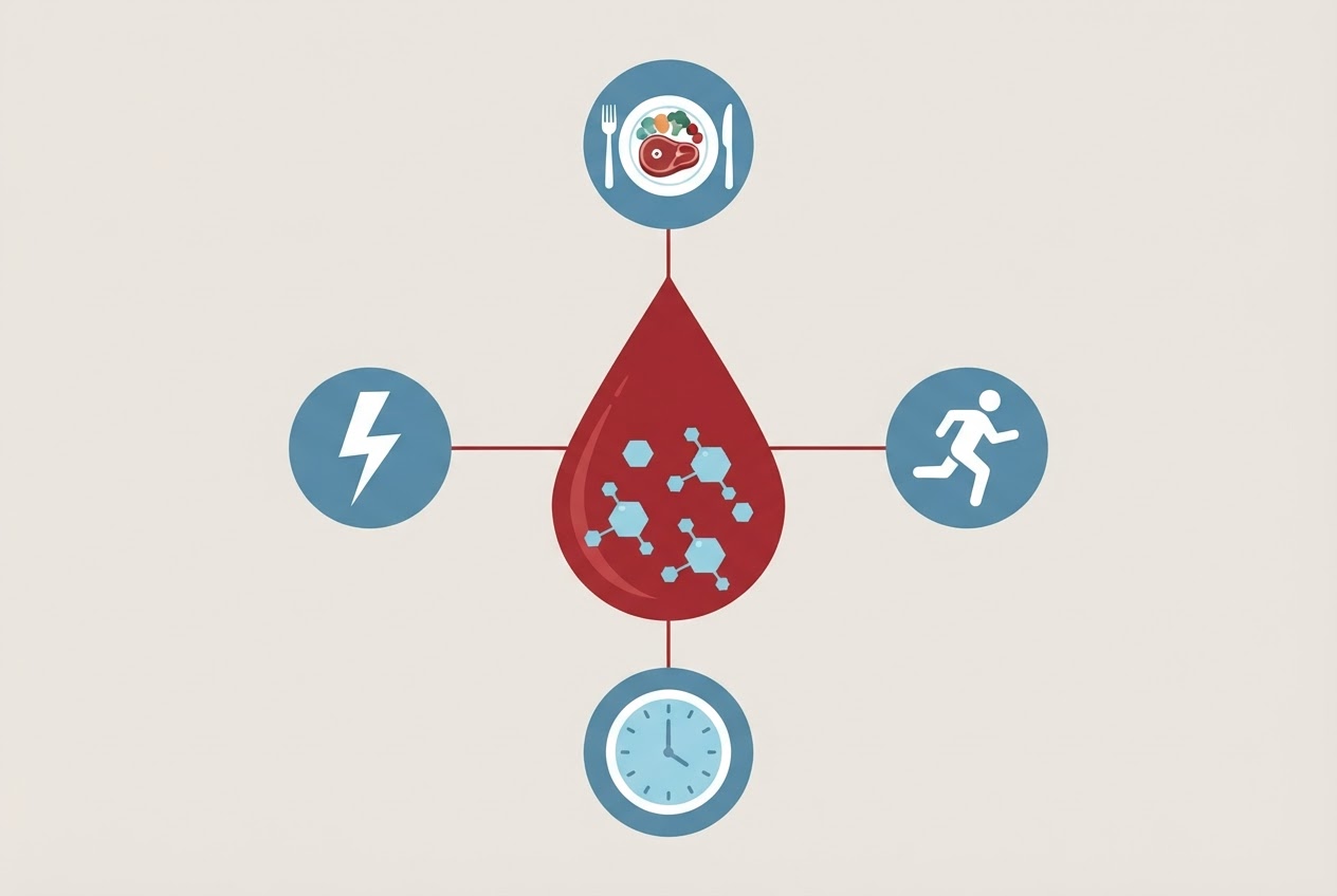 Editorial illustration of a central blood drop containing glucose molecules, surrounded by four small icons representing a meal, physical activity, a clock, and stress, connected by thin lines.