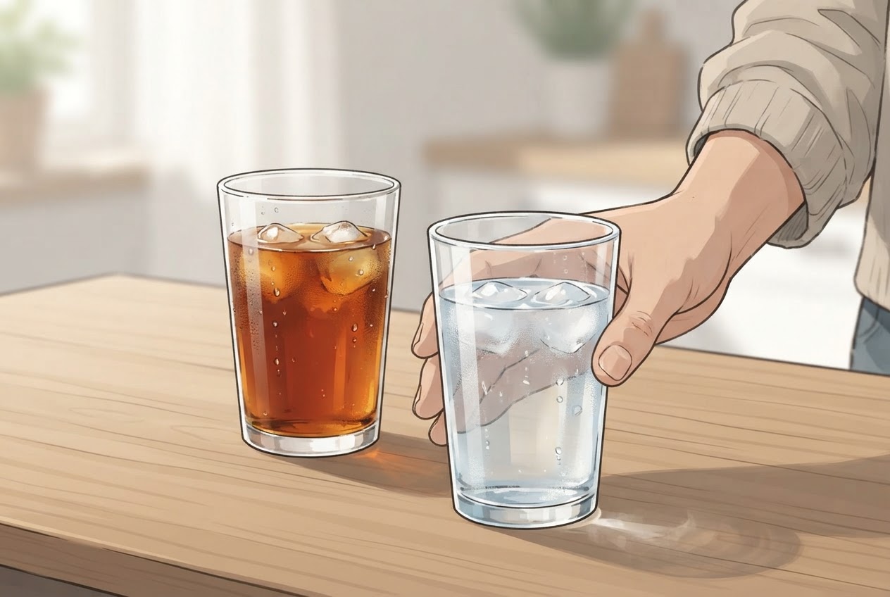 Eine Hand stellt ein Glas Wasser neben ein süßes Getränk und greift zum Wasser.