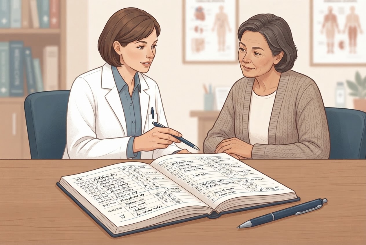 Illustration of an open blood glucose diary with handwritten entries, a pen, and a doctor reviewing it with a patient.