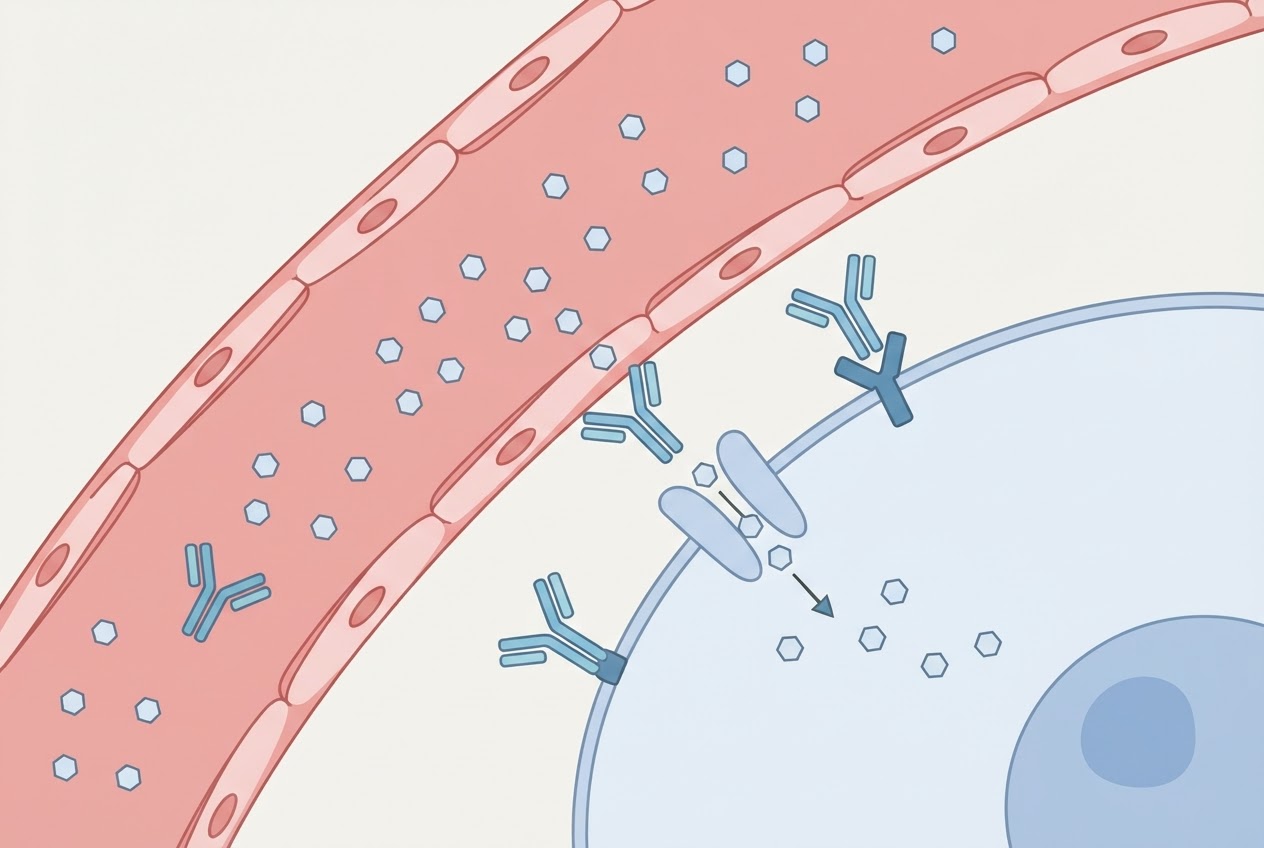 Schematische Illustration: Insulin unterstützt den Transport von Glukose aus einem Blutgefäß in eine Körperzelle; bei gestörter Insulinwirkung bleibt mehr Glukose im Blut.
