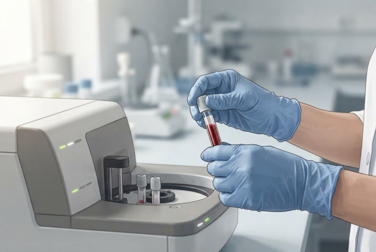 Eine Laborfachkraft bereitet eine Blutprobe für eine HbA1c-Analyse vor.