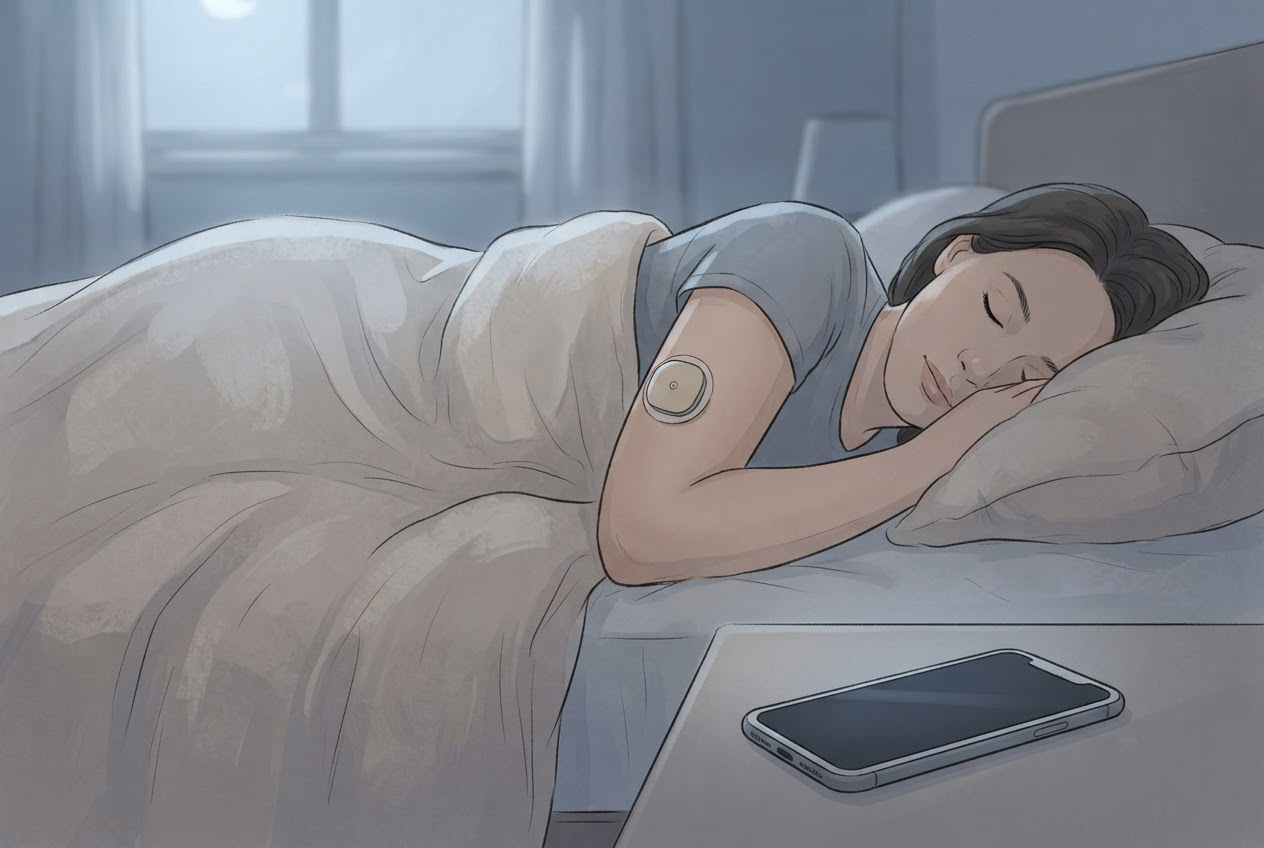 Eine schlafende Person liegt auf der Seite, wobei der Arm mit einem CGM-Sensor unter dem Körper liegt; ein Smartphone mit unlesbarer Anzeige liegt daneben.