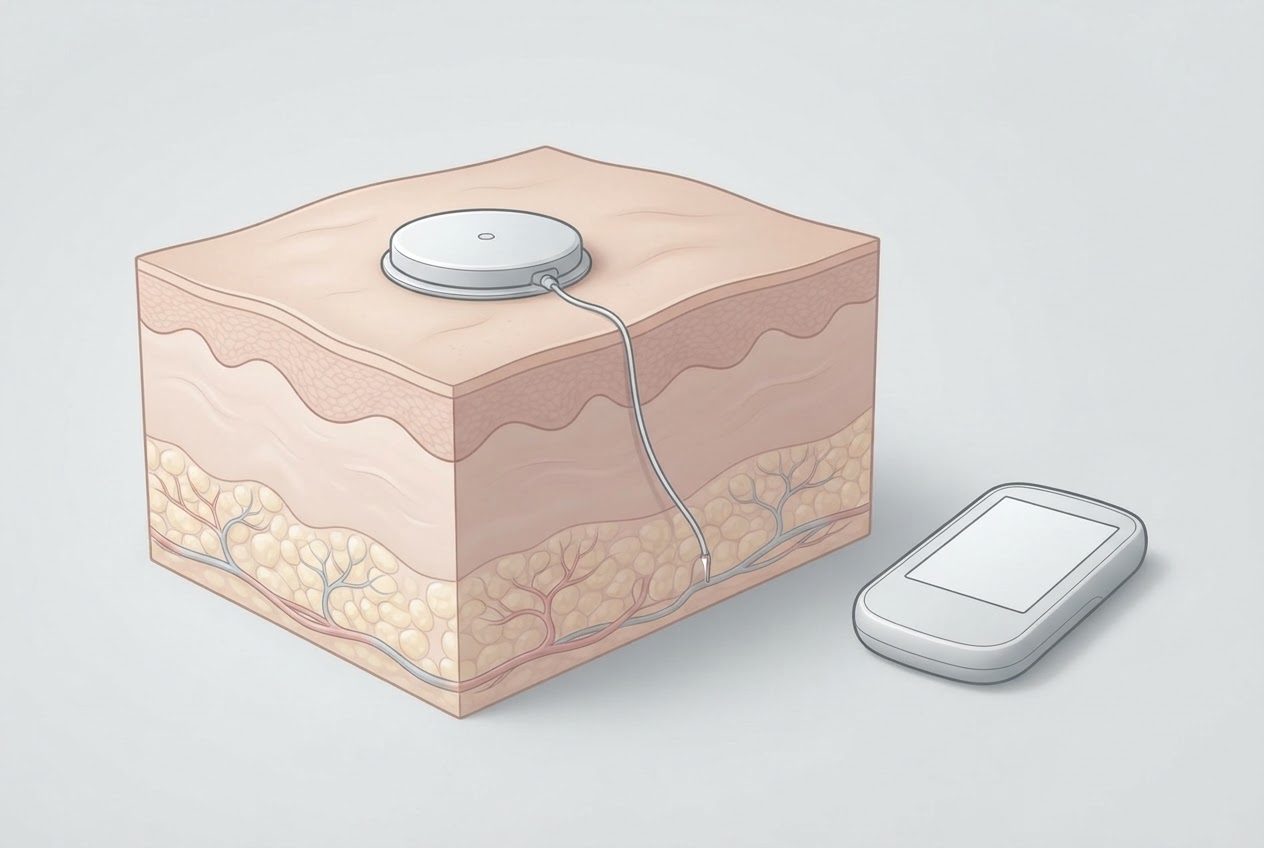Schematischer Querschnitt der Haut mit einem aufgeklebten CGM-Sensor und einem feinen Messfaden im Unterhautgewebe.