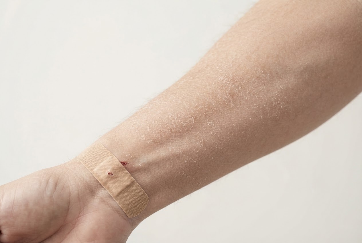 Editorial illustration of a person's hand with a small bandaged wound and dry skin on the forearm, representing less obvious diabetes symptoms like slow-healing wounds and dry skin.