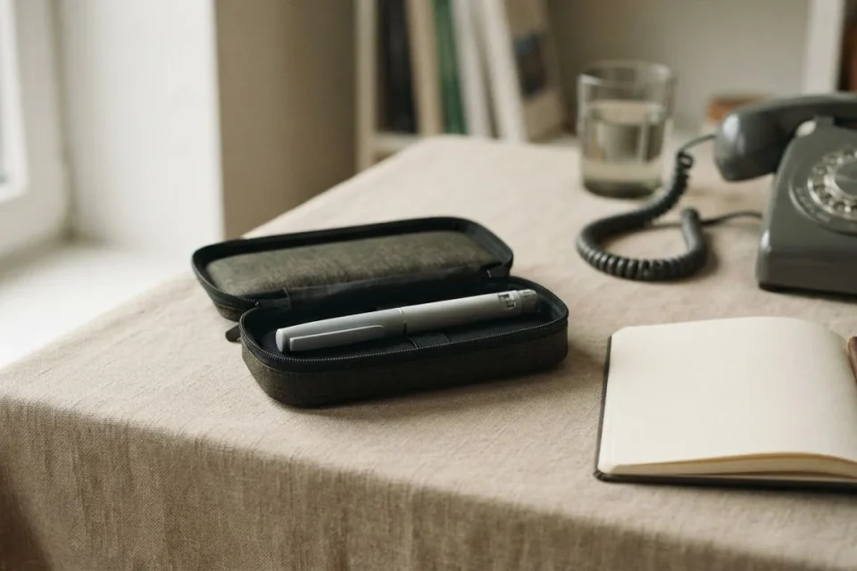 Geschlossener Insulinpen im Etui neben Telefon und leerem Notizbuch