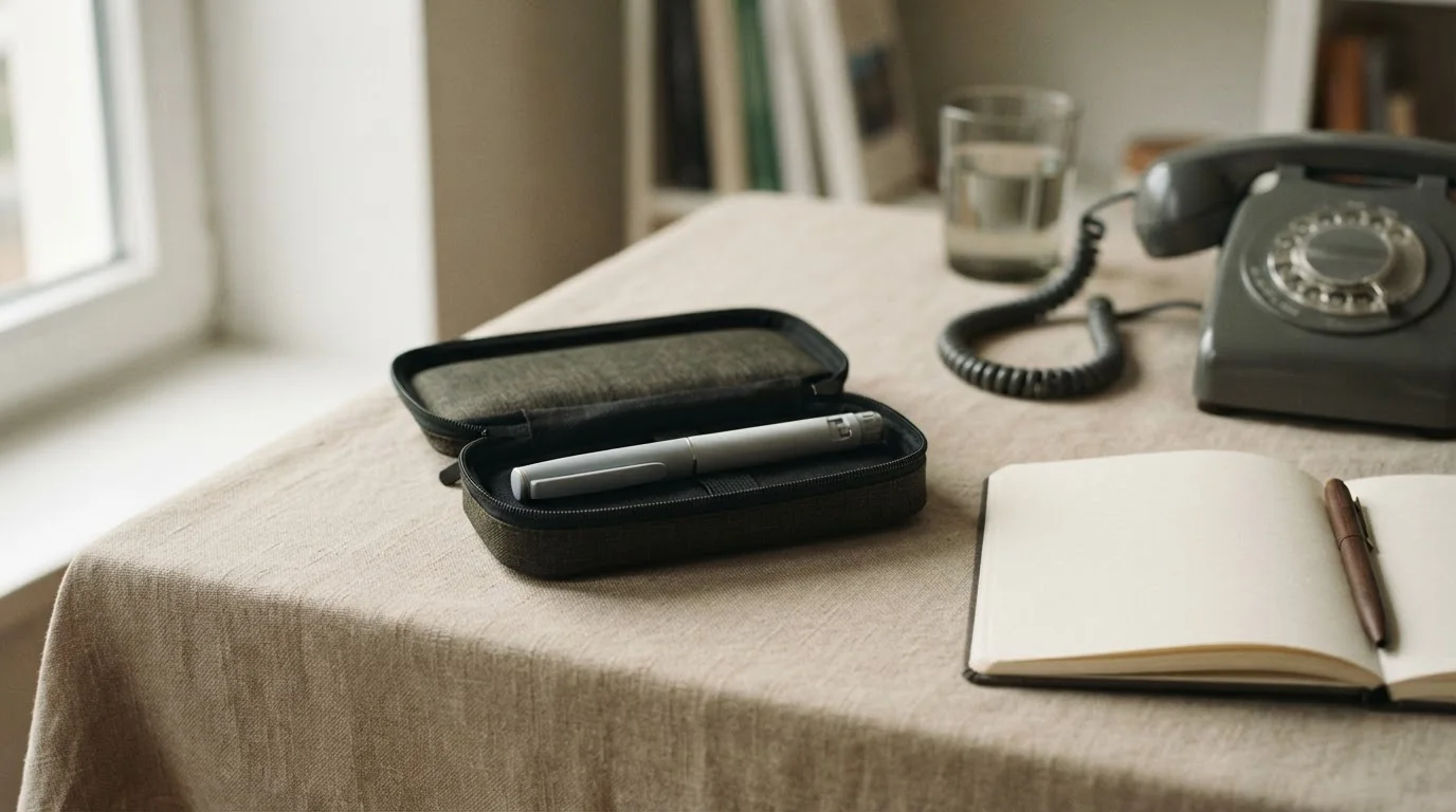Geschlossener Insulinpen im Etui neben Telefon und leerem Notizbuch