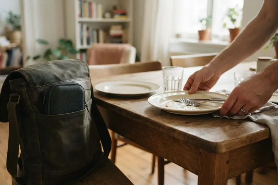 Hände räumen eine Mahlzeit ab, in einer Tasche liegt ein geschlossenes Glukoseset