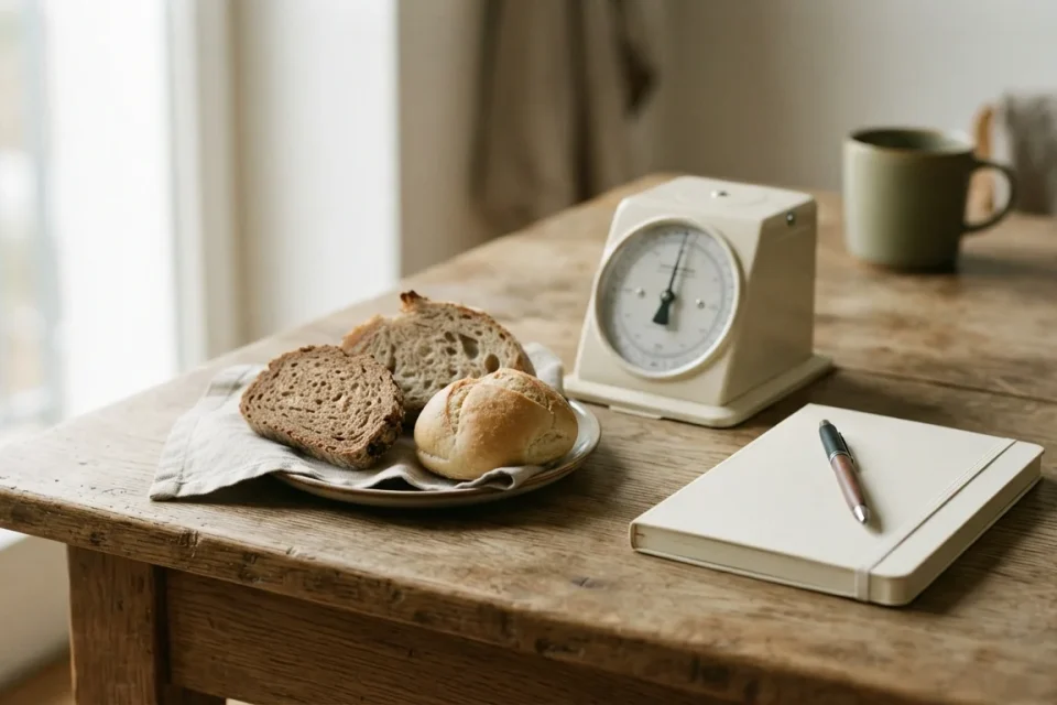 Brotportionen, Küchenwaage mit abgewandtem Display und leeres Mahlzeitenprotokoll