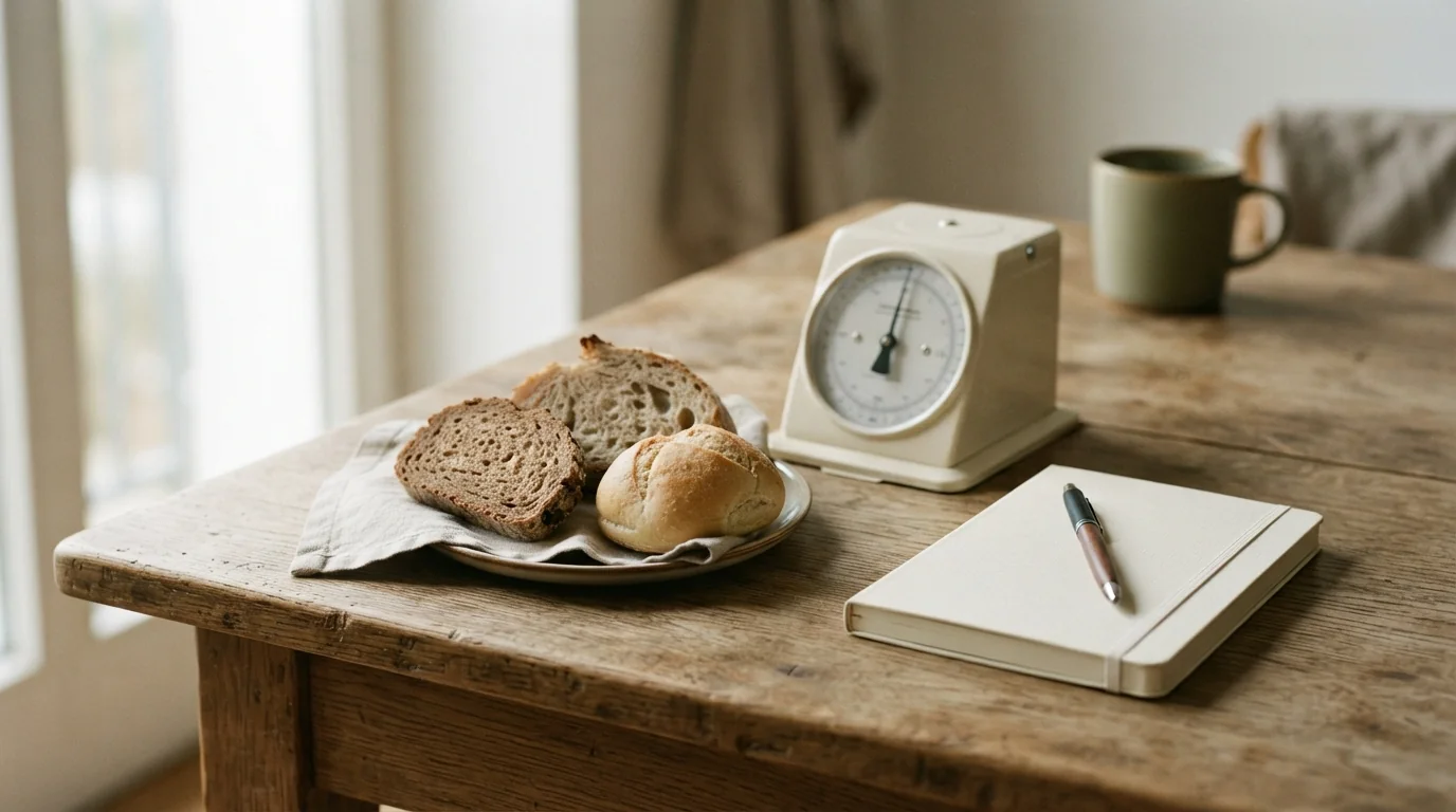 Brotportionen, Küchenwaage mit abgewandtem Display und leeres Mahlzeitenprotokoll