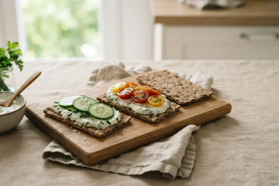 Knäckebrot mit Naturjoghurt, Gurke, Tomate und Kräutern auf einem Frühstücksbrett