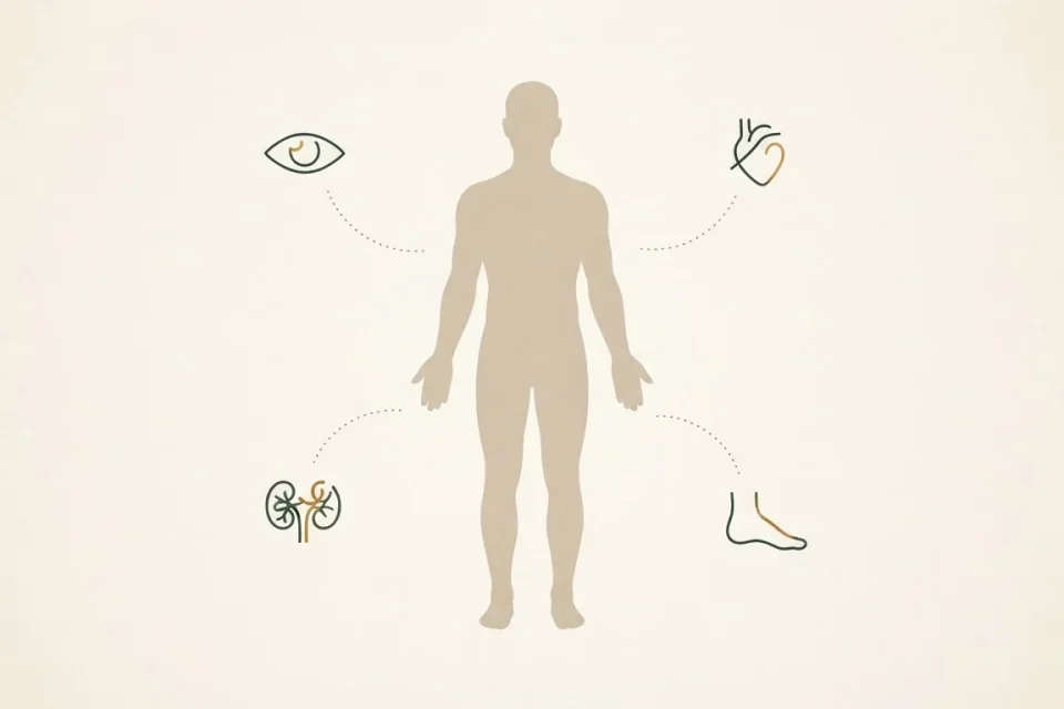 Editoriale Illustration zu möglichen langfristigen Folgen an Augen, Herz, Nieren und Füßen