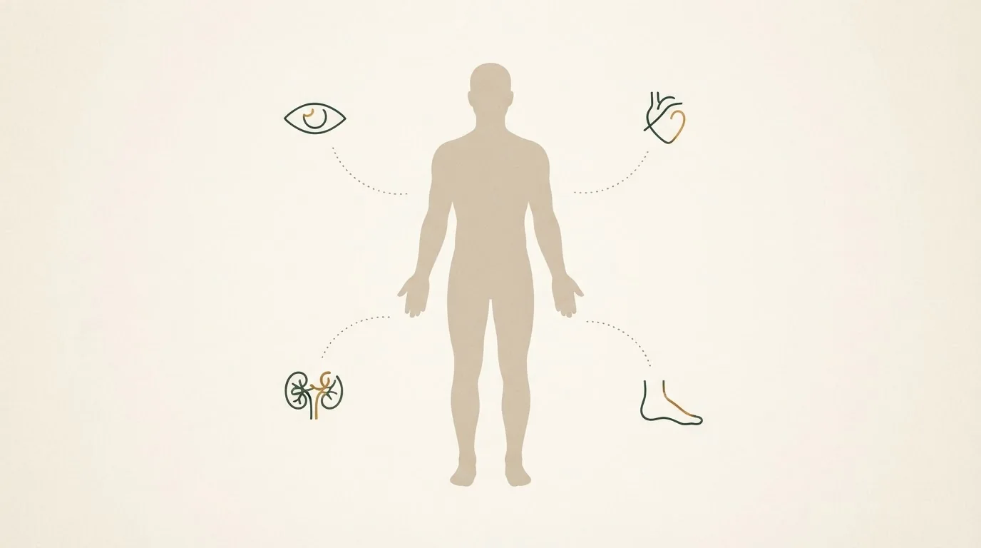 Editoriale Illustration zu möglichen langfristigen Folgen an Augen, Herz, Nieren und Füßen