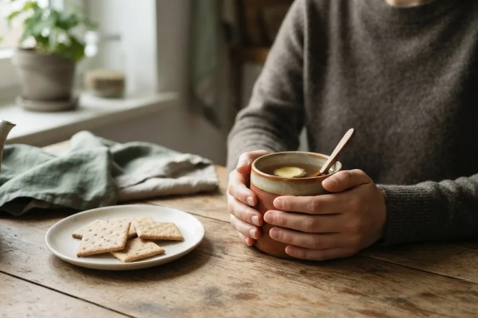 Hände halten eine Tasse Ingwertee neben schlichten Crackern