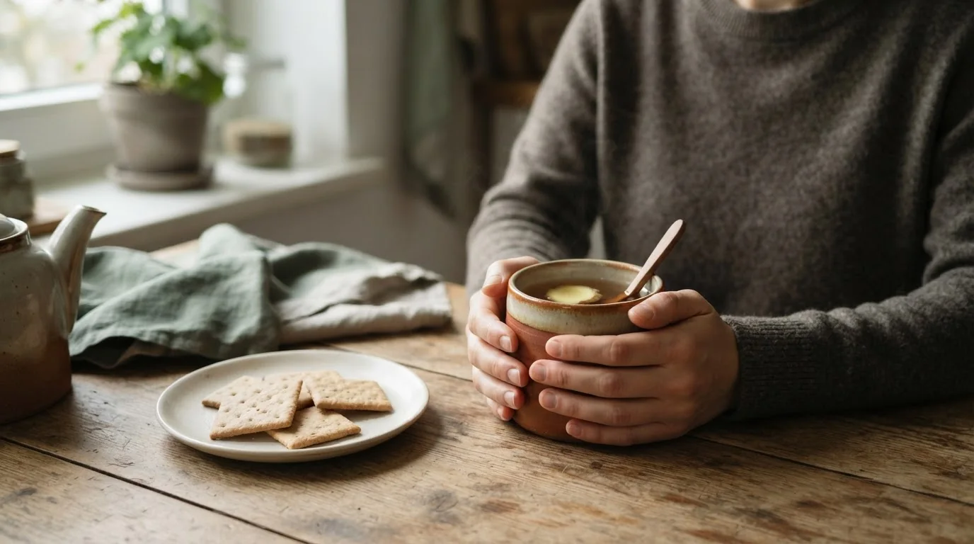 Hände halten eine Tasse Ingwertee neben schlichten Crackern