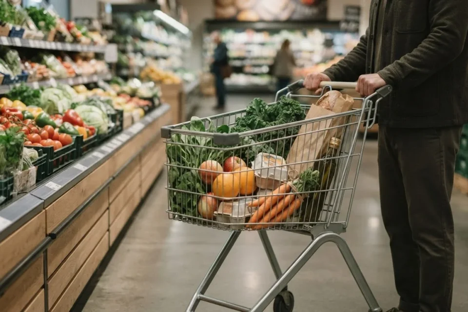 Einkaufskorb mit alltäglichen Lebensmitteln in einem Supermarktgang