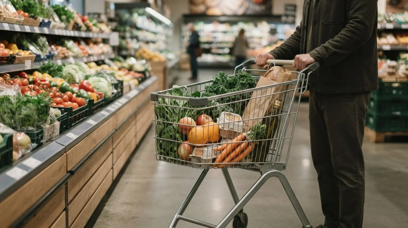 Einkaufskorb mit alltäglichen Lebensmitteln in einem Supermarktgang