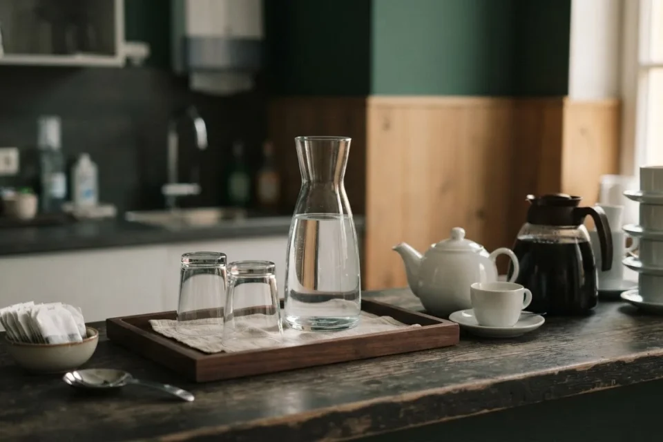 Wasser, ungesüßter Tee und Kaffee an einer neutralen Getränkestation