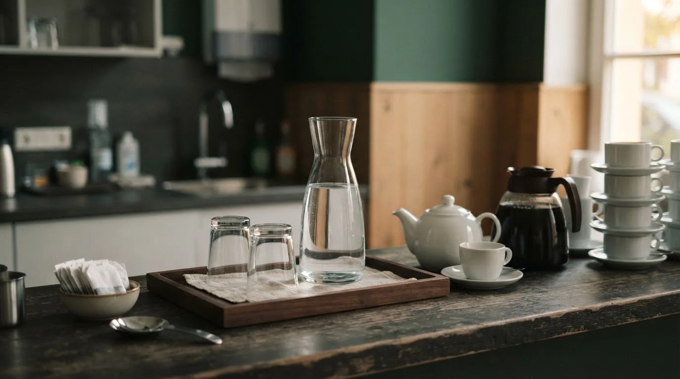 Wasser, ungesüßter Tee und Kaffee an einer neutralen Getränkestation