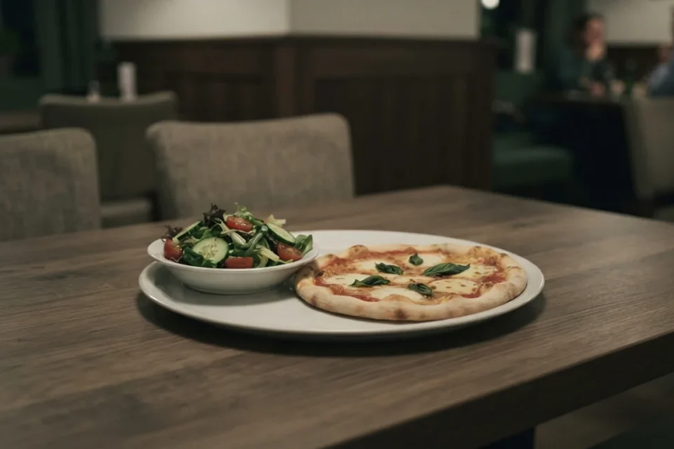 Servierte Pizza mit Salat auf einem ruhigen Restauranttisch
