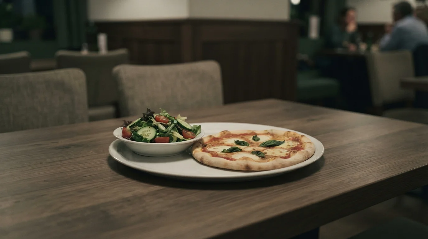 Servierte Pizza mit Salat auf einem ruhigen Restauranttisch