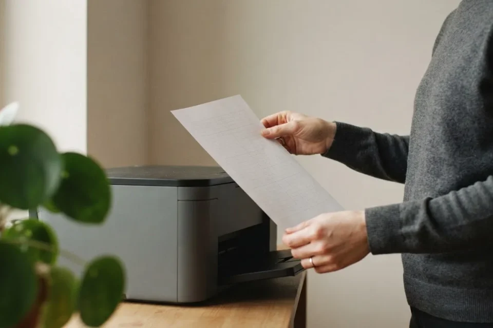 Person nimmt ein schlichtes Rasterblatt aus einem neutralen Drucker