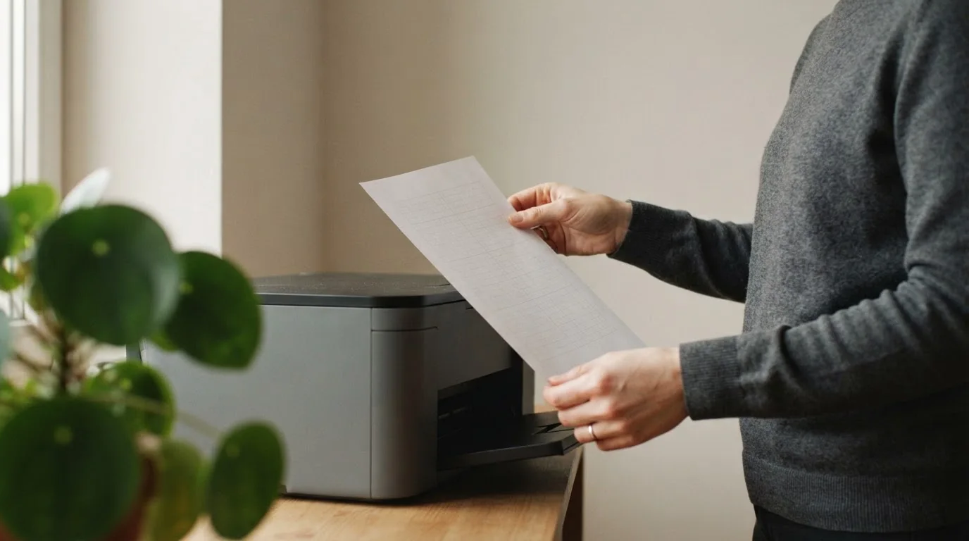 Person nimmt ein schlichtes Rasterblatt aus einem neutralen Drucker