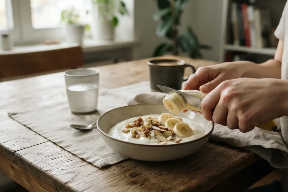 Hände schneiden eine Banane in Naturjoghurt mit Nüssen