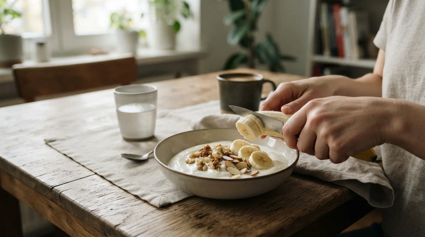 Hände schneiden eine Banane in Naturjoghurt mit Nüssen