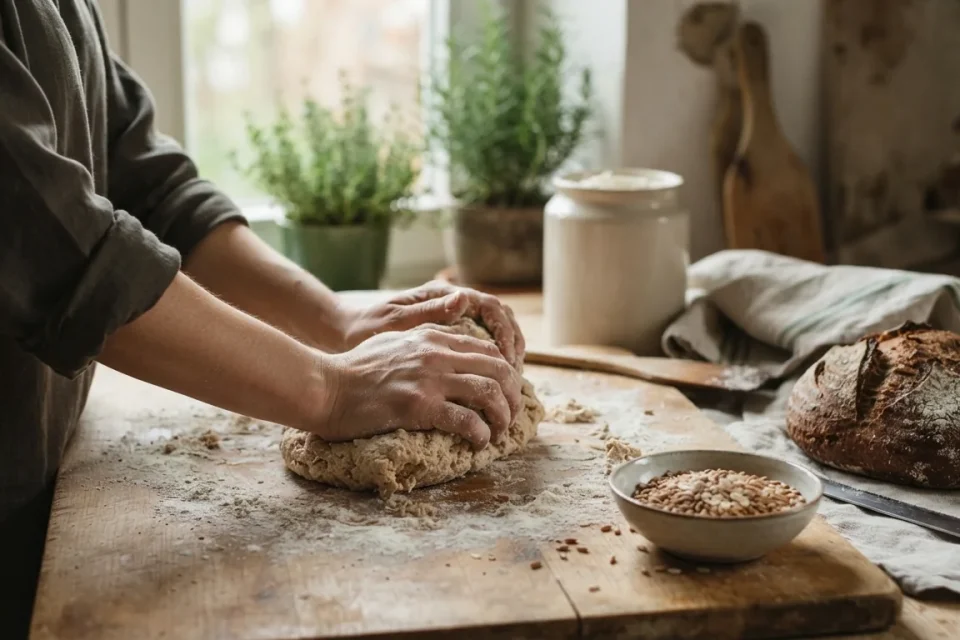 Hände kneten Dinkelteig neben Dinkelkörnern und einem Brotlaib