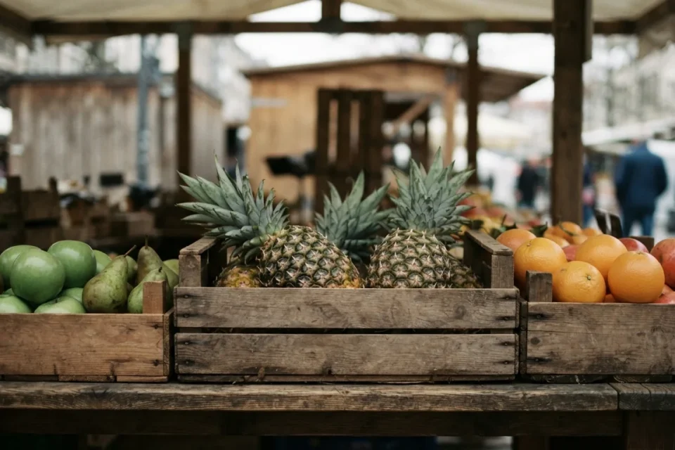 Ananas und anderes Obst in schlichten Kisten an einem Marktstand
