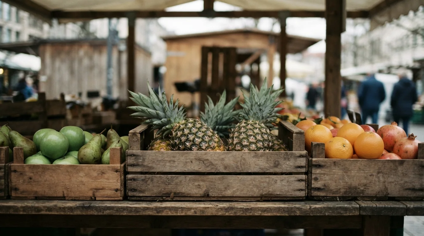 Ananas und anderes Obst in schlichten Kisten an einem Marktstand