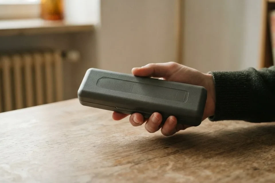 Hand hält ein geschlossenes neutrales Etui mit einem abgedeckten Injektor