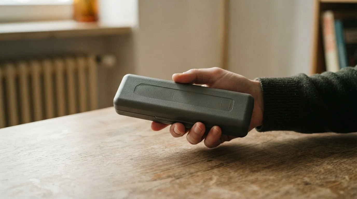 Hand hält ein geschlossenes neutrales Etui mit einem abgedeckten Injektor