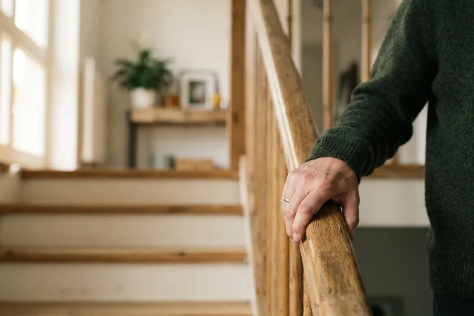 Hand liegt auf einem Treppengeländer vor leicht bewegungsunscharfem Hintergrund