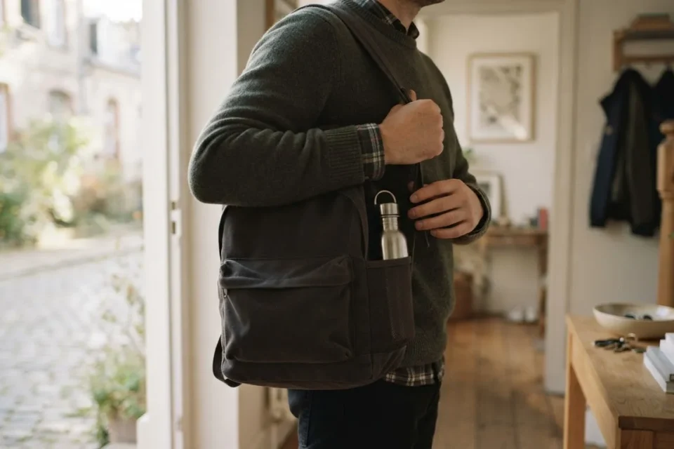 Anonyme Person bereitet sich mit Tagesrucksack und Wasserglas auf den Alltag vor