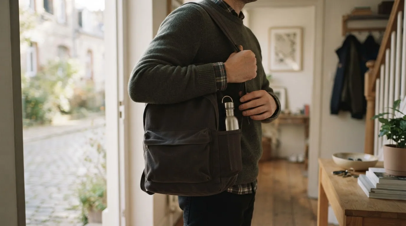 Anonyme Person bereitet sich mit Tagesrucksack und Wasserglas auf den Alltag vor