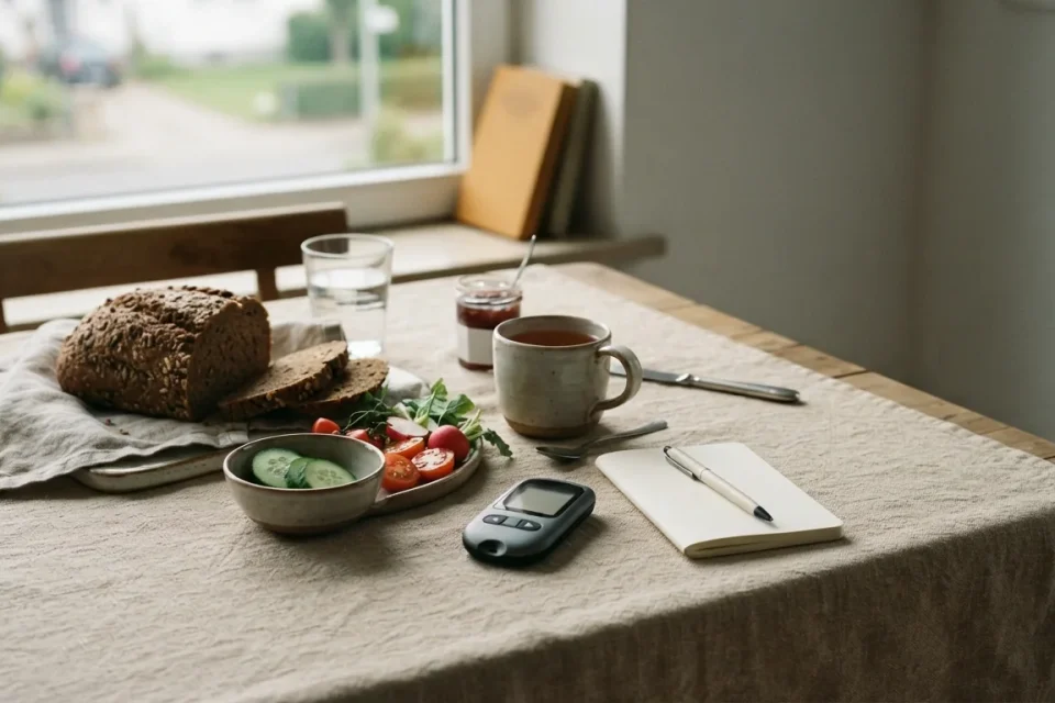Frühstückstisch mit Vollkornbrot, Gemüse, Notizbuch und geschlossenem Messgerät