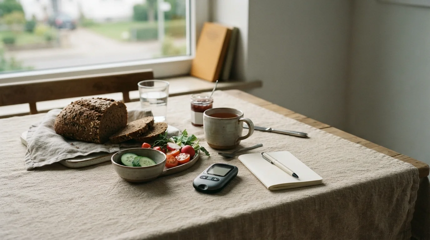 Frühstückstisch mit Vollkornbrot, Gemüse, Notizbuch und geschlossenem Messgerät