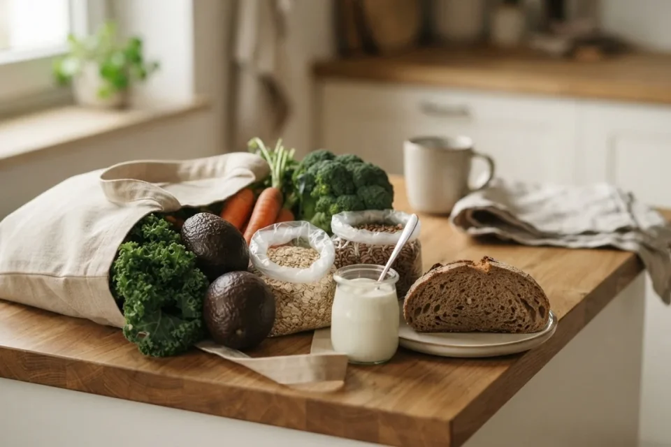 Einkaufstasche mit Gemüse, Vollkorn, Naturjoghurt und Brot auf einer Küchenfläche