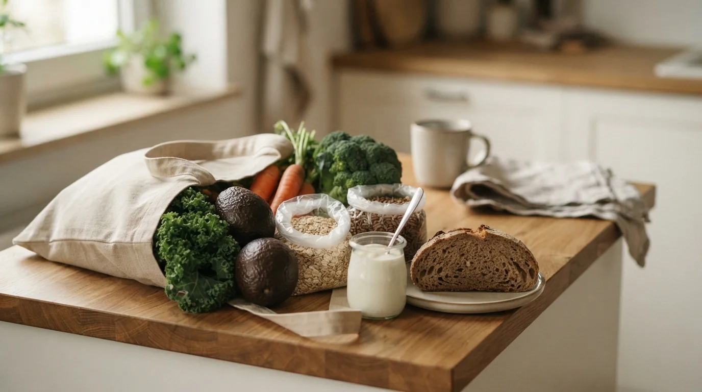 Einkaufstasche mit Gemüse, Vollkorn, Naturjoghurt und Brot auf einer Küchenfläche