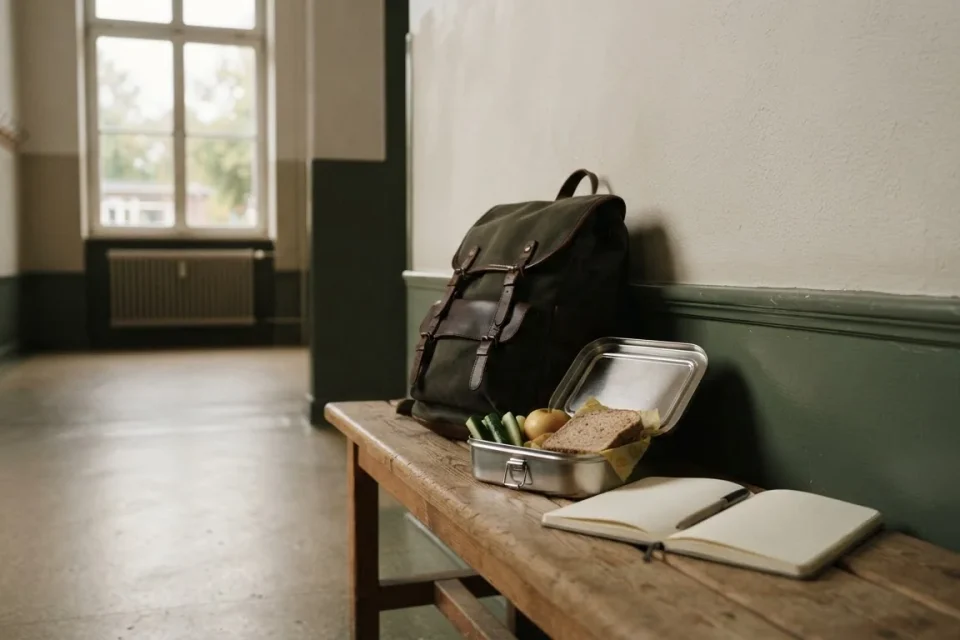 Schulrucksack, Brotdose und leeres Gesundheitsnotizbuch auf einer Bank